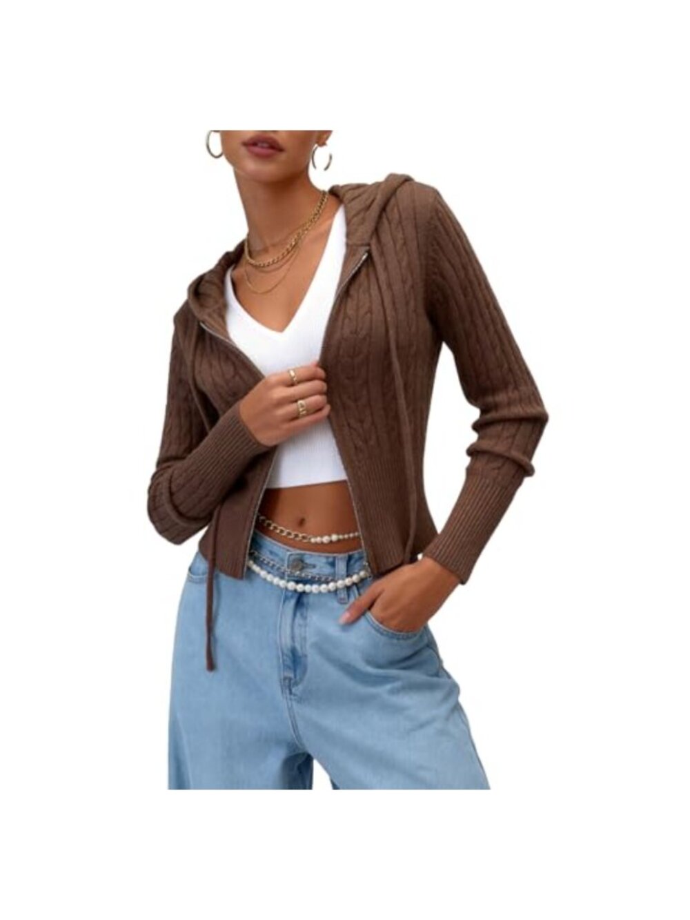 Women's Zip Up Cable Knit Hoodie Crop Cardigan Sweater Long Sleeve